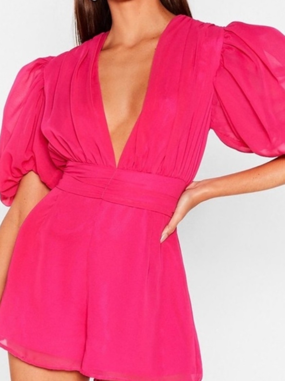 SHEIN Hot Pink V-Neck Puff Sleeve Romper